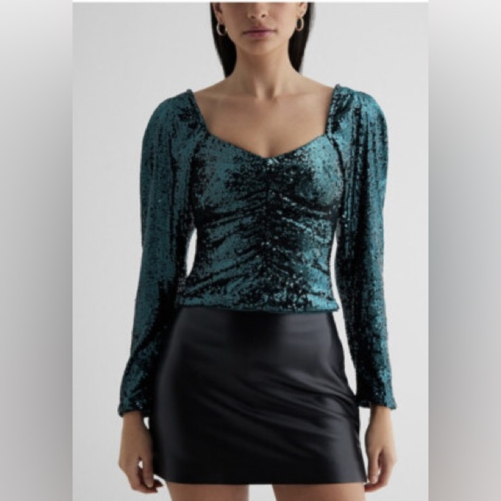 Express Green Sequin Long Puff Sleeve Sweatheart Neckline Crop Top Small